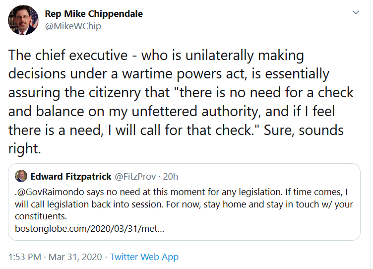 State Rep Mike Chippendale calls out Gina Raimondo, “there is no need for a check and balance on my unfettered authority . . .”