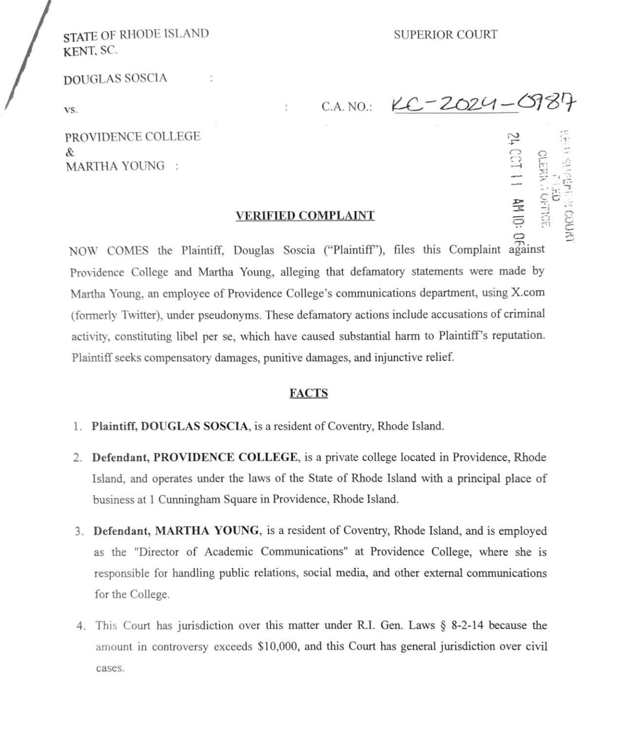 Douglas Soscia has officially filed a lawsuit against internet troll Martha Young, the Director of Communications for Providence College & the college itself: