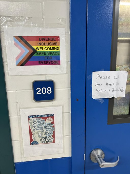 Scituate High School in Rhode Island: A classroom door has the transgender cult flag, hate propaganda flyer & sign that says, “Please lock door when you enter!” No classroom door should be locked – especially the political ones